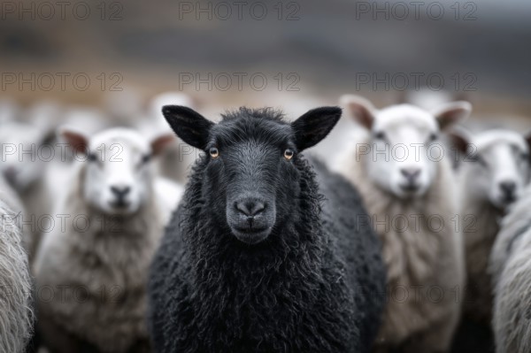Black sheep sticking among white sheep. Black sheep in the family. Concept of a different person or exclusion from society, AI generated