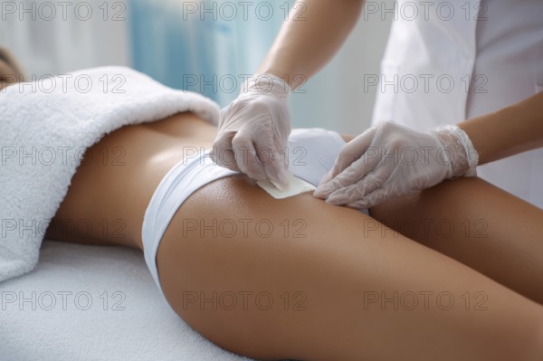 Bikini waxing of a beautiful young attractive woman in a spa. Luxury treatment for perfect skin and rejuvenation, AI generated