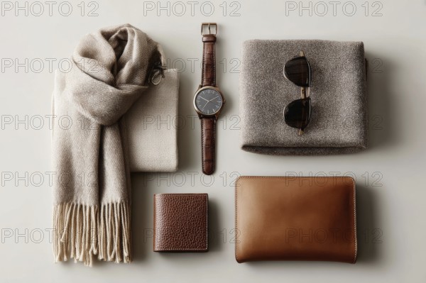 Beige and Brown Leather Accessories Flatlay. Modern business and lifestyle fashion accessories. Watch, wallet and cellphones, AI generated