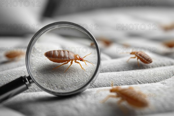 Bed bugs and dust mites concept with the magnifying glass. Allergy and old linen that contains parasites, AI generated