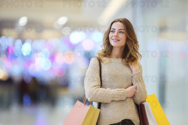 Beautiful young happy attractive woman with bags of different colours in shopping center mall shopping for brand name fashion items, AI generated
