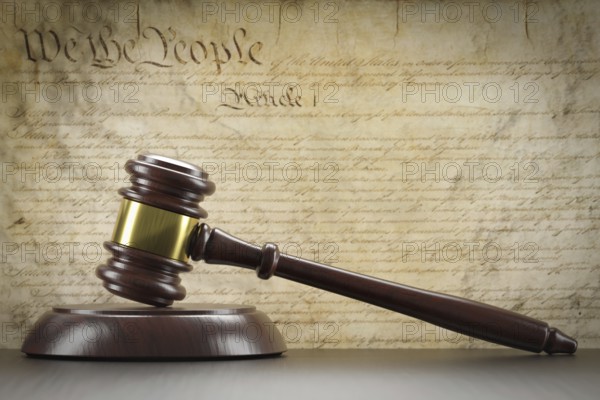 United states constitution on wall with gavel resting on table in front