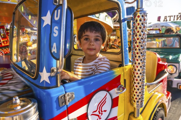 Young boy driving a vibrant, colorful toy truck while enjoying a playful day at a funfair carousel, filled with laughter and joy