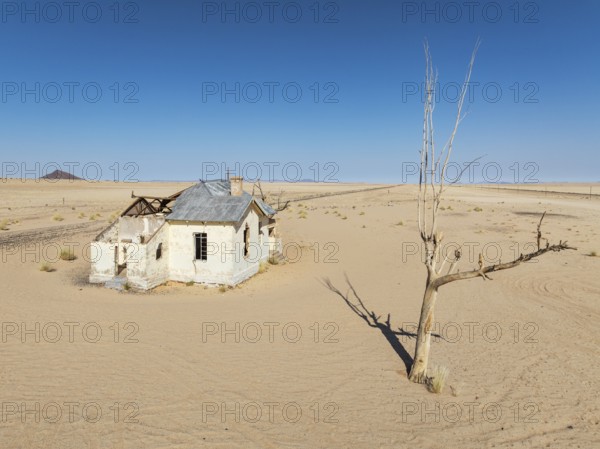 The long abandoned Garum train station in the southern Namib Desert. Aerial view. Drone shot. Namibia