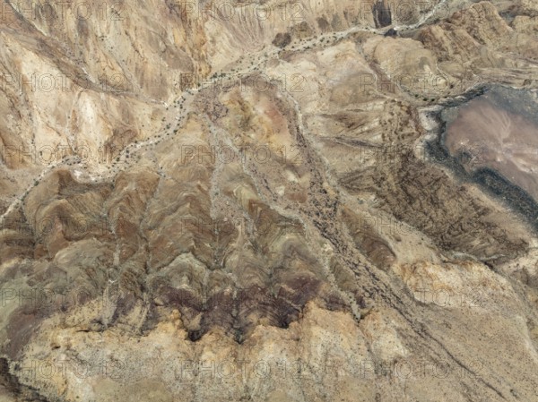 Bare canyon walls at the Fish River Canyon. Aerial view. Drone shot. Ai-Ais Richtersfeld Transfrontier Park, Namibia