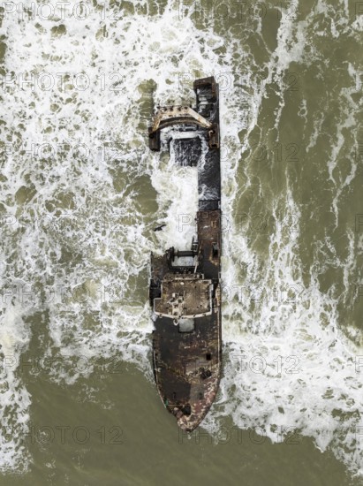 The Zeila shipwreck at the Skeleton Coast. Aerial view. Drone shot. Dorob National Park, Namibia
