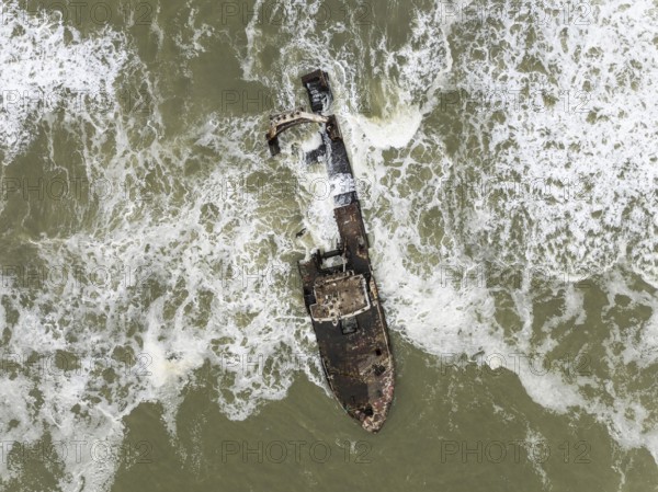 The Zeila shipwreck at the Skeleton Coast. Aerial view. Drone shot. Dorob National Park, Namibia