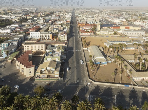 The coastal town of Swakopmund between Namib Desert and Atlantic Ocean. Aerial view. Namibia