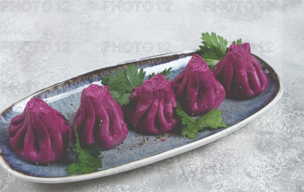 Beetroot khinkali, mini khinkali, purple, Georgian cuisine, no people