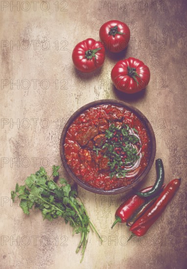 Chashushuli, a traditional Georgian dish, spicy, stewed meat with tomatoes and spices, homemade, no people