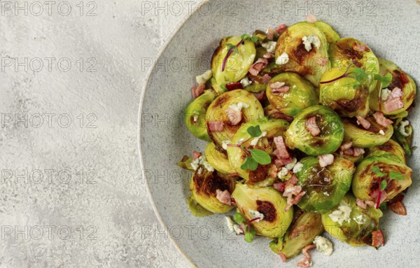 Roasted brussels sprouts, with bacon, vegetarian food, homemade, no people