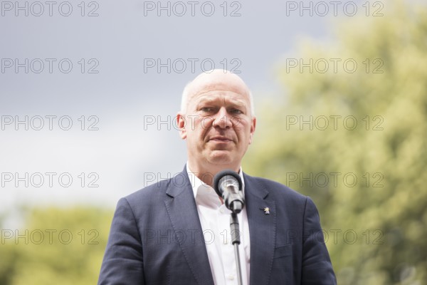 Kai Wegner (Governing Mayor of Berlin) gives a speech in front of the raising of the rainbow flag for Pride Week in front of the Rotes Rathaus in Berlin on 9 July 2025