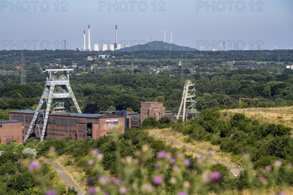 The double headframe of the disused Ewald mine, shaft 7, on the right headframe shaft 2, in Herten, in the background the UNIPER coal-fired power station Scholven, Gelsenkirchen, Scholten spoil tip with 2 wind turbines, North Rhine-Westphalia, Germany