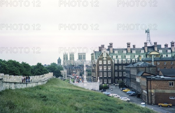 City walls and view to York Minster, city of York, Yorkshire, England, UK 1970s