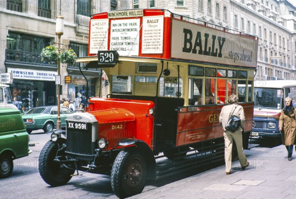 Historic bus built 1925, preserved Dennis AEC NS-type bus, NS1995 fleet number D142, Regent Street, London, England, UK 1970s