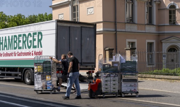 Pallets with food delivery, lorry, Potsdam, Brandenburg, Germany