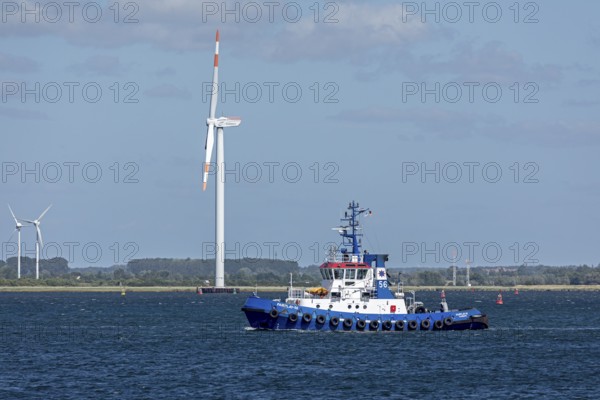 Tugboat, wind turbines, Warnow, Warnemünde, Rostock, Mecklenburg-Western Pomerania, Germany