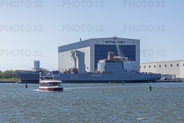 Overseas harbour, excursion boat, naval vessel, Neptune shipyard, Warnemünde, Rostock, Mecklenburg-Western Pomerania, Germany