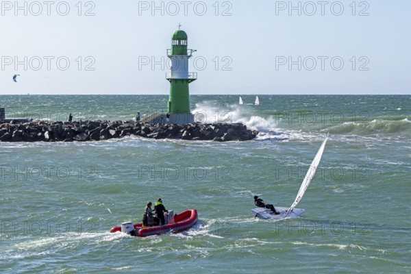 Waves, spray, people, boats, beacon, Warnow estuary, Warnemünde, Rostock, Mecklenburg-Western Pomerania, Germany
