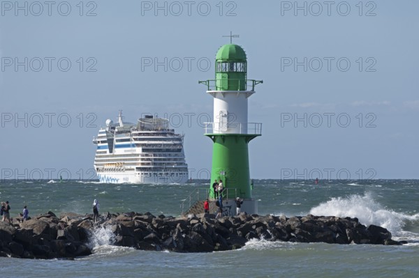 Cruise ship AIDA nova leaving, lighthouse, Warnow estuary, Baltic Sea, Warnemünde, Rostock, Mecklenburg-Western Pomerania, Germany