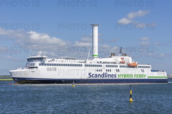 Scandlines Hybrid Ferry departs from Warnow, Warnemünde, Rostock, Mecklenburg-Vorpommern, Germany