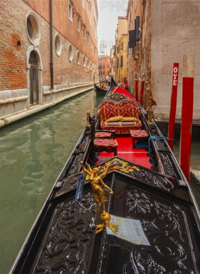 Campanile and gondolas on the Rio di San Salvador, Venice, Veneto, Italy