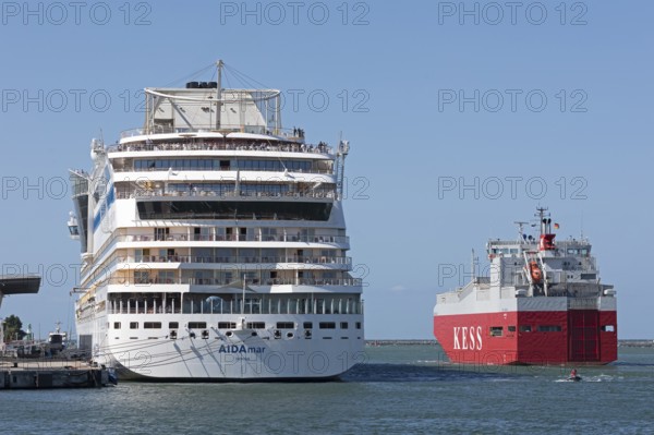 Cruise ship AIDA mar moored at the quay wall, cargo ship Kess, Warnow, Warnemünde, Rostock, Mecklenburg-Vorpommern, Germany