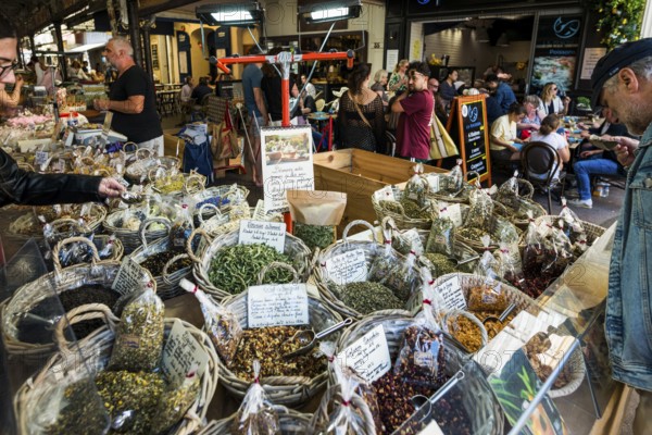 Market stall with herbs, market hall, Marche Provencal, Antibes, Provence Alpes Côte d'Azur, South of France, France