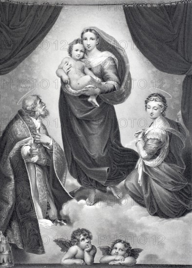 The Sistine Madonna, steel engraving after the painting by Raphael Sanzo, historical, digitally restored reproduction of a 19th century original