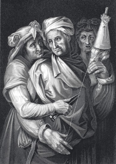 The Parcae, in Roman mythology the three goddesses of fate, who correspond to the three Moires of Greek mythology. They can act together or individually, together they have an influence on the thread of life, steel engraving after a painting by Michelangelo, historical, digitally restored reproduction of a 19th century original
