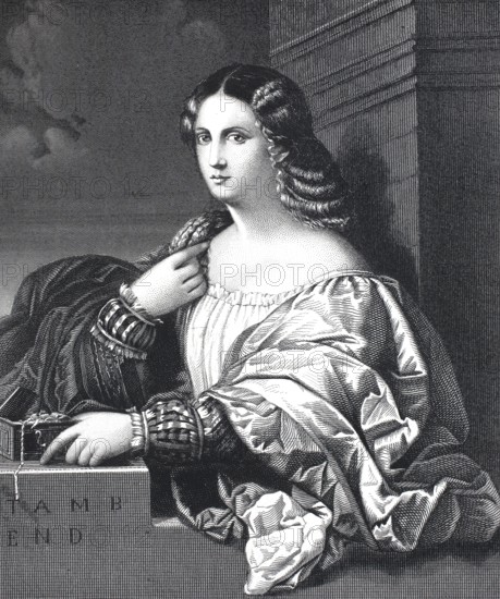Bella Donna, beautiful woman, portrait, steel engraving after a painting by Titian, Historic, digitally restored reproduction of a 19th century original, An elegant portrait of a woman in the Renaissance style in black and white with detailed clothing and hairstyle