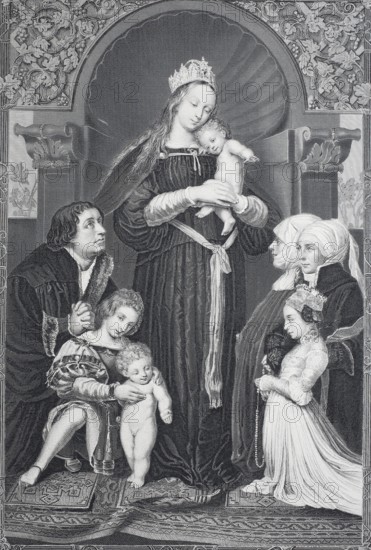 The Madonna with the family of Mayor Meyer, steel engraving after a painting by Hans Holbein the Younger, historical, digitally restored reproduction of a 19th century original