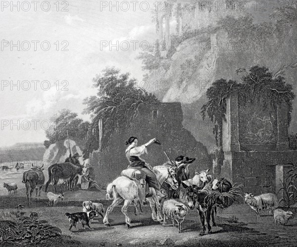Rural scene with a farmer on horseback, a donkey and sheep, cows and dogs, Steel engraving after a painting by Nicolaes Pietersz. Berchem, Historic, digitally restored reproduction of a 19th century original, A pastoral scene with horsemen and sheep in front of ancient ruins in a mountainous landscape