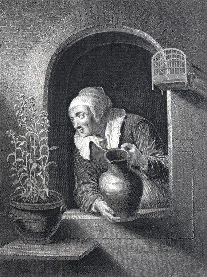 Elderly woman watering a flowering plant in front of a window, steel engraving after a painting by G. Dow, Historic, digitally restored reproduction of a 19th century original, A woman looks out of a window with a jug, next to a plant and an empty birdcage