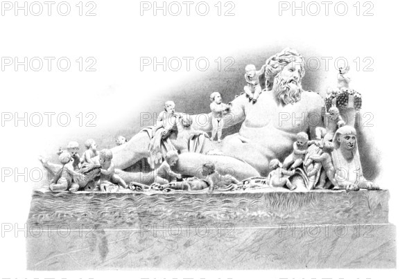 Colossal statue of the Nile, was found in 1513 in the Campus Martius, where it probably adorned the so-called Iseum Campense, which was dedicated to the Egyptian goddesses Isis and Serapis, Vatican, Italy, Historical, digitally restored reproduction of a 19th century model