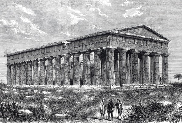 The Temple of Neptune in Paestum around 1800, Campania, Italy, Historical, digitally restored reproduction of a 19th century model