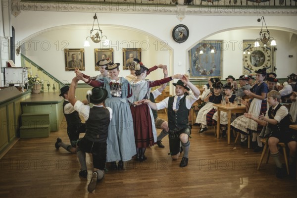 Traditional traditional costume anniversary of the Trachtenverein Schliersee Stamm 1888, dance in the hall of the Bauerntheater, Schliersee, Upper Bavaria, Bavaria, Germany, 2025