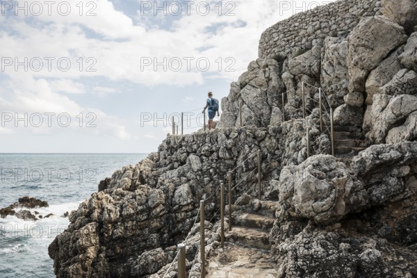 Picturesque wild hiking trail on the coast, Sentier du Littoral, Cap d'Antibes, Antibes, Provence Alpes Côte d'Azur, South of France, France