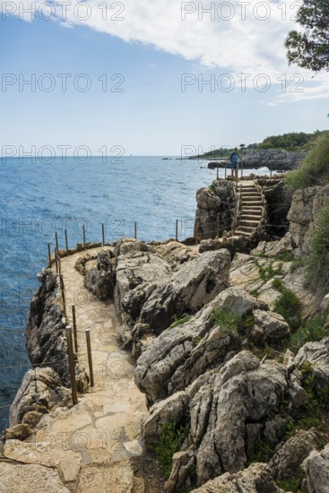 Picturesque wild hiking trail on the coast, Sentier du Littoral, Cap d'Antibes, Antibes, Provence Alpes Côte d'Azur, South of France, France