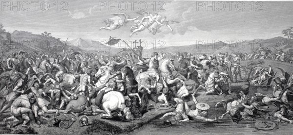 Battle of Constantine, Battle of the Milvian Bridge, also known as the Battle of Saxa Rubra, on 28 October 312 Constantine the Great defeated his rival Maxentius and thus became the sole ruler of the Roman Western Empire, steel engraving after a painting by Raphael, historical, digitally restored reproduction of a 19th century original