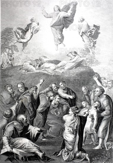 The Transfiguration, Transfiguration of the Lord, Transfiguration of Christ, Transformation of Christ, refers to a revelatory event which, according to the testimony of the Synoptic Gospels, three apostles experienced when they saw Jesus Christ on a mountain in a special, transfigured form with the prophets Moses and Elijah, steel engraving after a painting by Raphael, Historical, digitally restored reproduction of a 19th century original