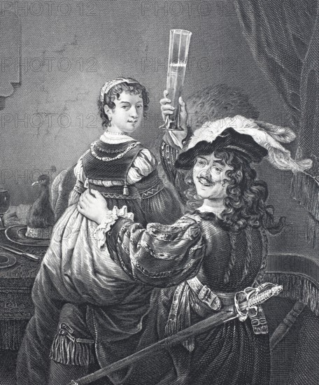 Rembrandt Harmenszoon van Rijn, (born 15 July 1606 in Leiden, died 4 October 1669 in Amsterdam) and his woman Saskia van Uylenburgh, steel engraving after a painting by Rembrandt, Historic, digitally restored reproduction of a 19th century original