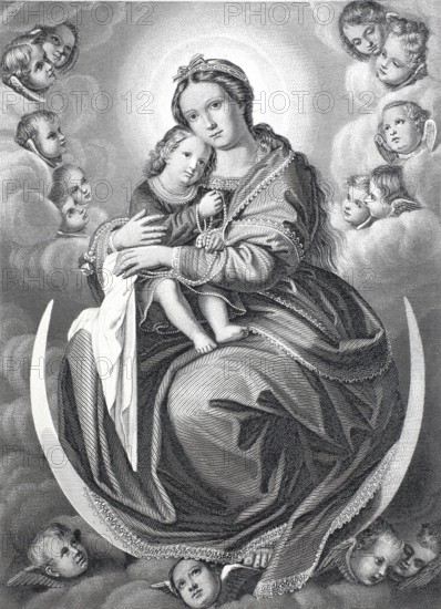Madonna with the Infant Jesus, steel engraving after a painting by Giovanni Battista Salvi, called Sassoferrato, Historical, digitally restored reproduction of a 19th century original