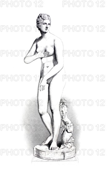 Venus Medici is an antique statue of the type of Venus pudica, the prudish Venus, exhibited in Florence, historical, digitally restored reproduction of a 19th century model