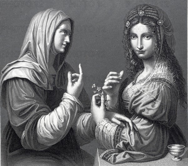 Modesty and vanity, two opposing woman, steel engraving after a painting by Da Vinci, historical, digitally restored reproduction of a 19th century original