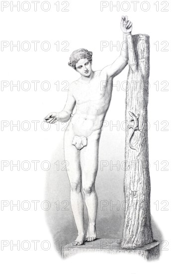 Apollon Sauroktonos, an ancient bronze statue by the artist Praxiteles, created in the middle of the 4th century B.C. It depicts Apollo as a boy leaning against a tree trunk and killing a lizard with an arrow, historical, digitally restored reproduction of a 19th century model