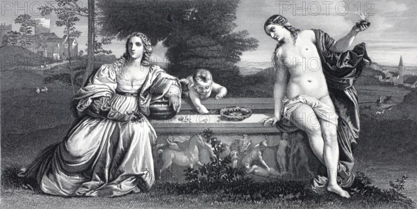 Heavenly and earthly love, the two woman are interpreted as embodiments of divine and earthly love, steel engraving after a painting by Titian, historical, digitally restored reproduction of a 19th century original