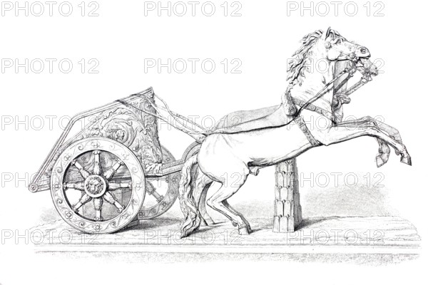 Biga, an ancient Roman chariot pulled by two horses. In contrast to other chariots where the driver sits on a trestle, the driver of the biga stands on the chariot, historical, digitally restored reproduction of a 19th century model