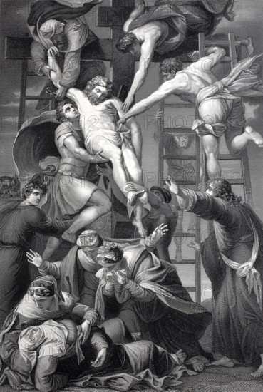 The Descent from the Cross of Jesus Christ, steel engraving after a painting by Daniele da Volterra, historical, digitally restored reproduction of a 19th century original