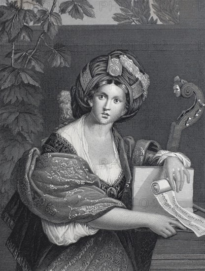 Sibyl of Cumae, also known as Sibylla Cumana or Cumaea, is a figure from Greek and Roman mythology. She is a prophetess who lived in the city of Kyme, steel engraving after a painting by Domenichino, actually Domenico Zampieri, historical, digitally restored reproduction of a 19th century original